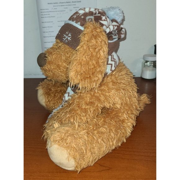 Brown Puppy Dog Plush Winter Snowflake Knit Hat Scarf 14" Hug Fun Intl Toy - Picture 3 of 8